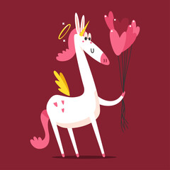 Cute unicorn cupid with heart shaped balloons vector cartoon character isolated on background.