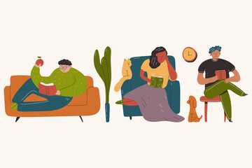 People reading books on sofa, armchair and chair vector cartoon illustration isolated on a white background.