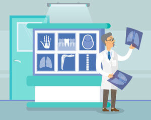 Oncologist holding X-ray picture of lungs. Man in white coat is looking at a photo. Male character in glasses with radiography of parts of human body on background. Doctor examining a state of lungs