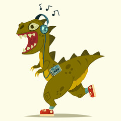 Dinosaur T-Rex in headphones with a player doing fitness in sneakers. Vector cartoon illustration.