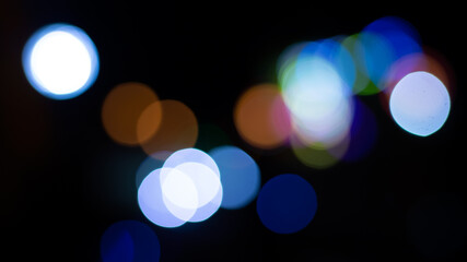 Abstract evening night shimmering bokeh background effect street outside near cafe restaurant. Defocused urban city life blur golden light bulbs garlands. Christmas New Year party holiday concept. 
