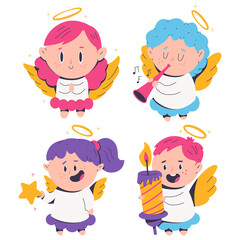 Cute Christmas angels vector cartoon characters set isolated on a white background.