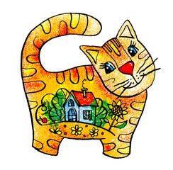 Cute baby yellow cat cartoon hand drawn style illustration with houses, for fabric, printing card, shirt,  wallpaper
