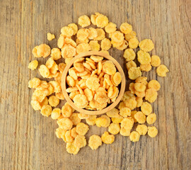 top view cup muesli on wood table