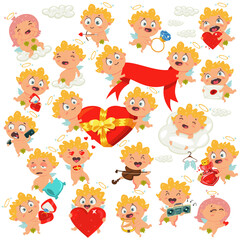 Cupid or angel vector Valentine's Day set. Cute cartoon characters for holiday isolated on a white background.