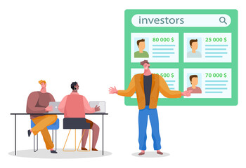 Businessman holds investments presentation for team, office workers sit at table with laptops and listen to speaker. Information about investorson screen. Financial consulting, investment and savings