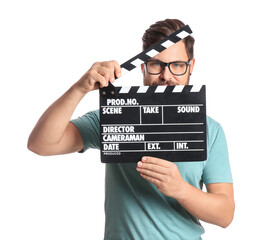 Bearded man with movie clapper on white background
