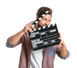 Bearded man with movie clapper on white background