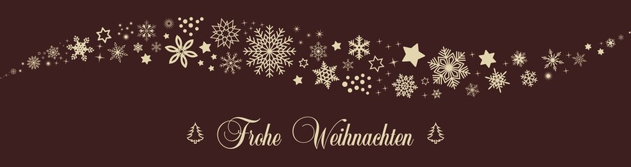 Weihnachten vektor, gewellt mit Schneeflocken und Sterne in gold. Frohe Weihnachten Grüße. Brown Background.
Übersetzung Deutsch in Englisch: Frohe Weihnachten ist Merry Christmas.