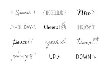 英語の単語と手描きイラストのセット／文字／カリグラフィー／筆記体／言葉／かわいい／飾り／装飾