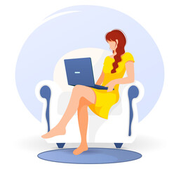 Woman with laptop sitting on the armchair. Work frome home, freelance, studying concept. Isolated vector illustration for flyer, poster, banner.