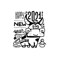 Happy New Year poster . Year of Ox 2021.