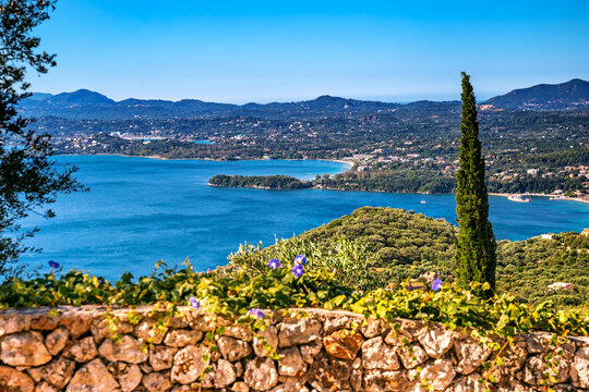Panoramic view of the Eastern coast of Corfu in the area of Ipsos beach from Spartilas village, Greece