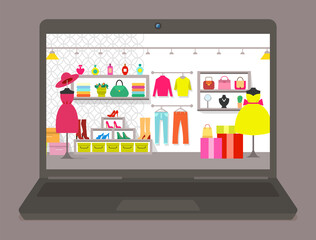 Laptop with a photo of the wardrobe. Things are stacked on special shelves for clothes. Shoes and perfume are on the shelves. Various items of clothing, hang on hangers, vector illustration