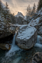 winter sun shining through the forest an wetterhorn over Rychenbach creek in Rosenlaui Valley