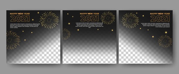 Set of editable square banner template. Black background with fireworks shape. Usable for social media post and web internet ads. Flat design vector with photo collage