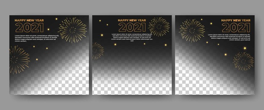 Set of editable square banner template. Black background with fireworks shape. Usable for social media post and web internet ads. Flat design vector with photo collage