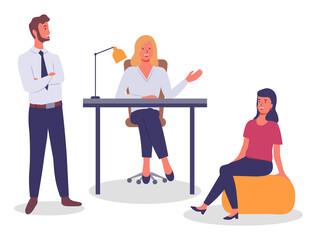 Communicating colleagues man women in office sitting at table, at soft chair, standing. Business women discuss new project or startup working together. Teamwork in the office. Boss and workers