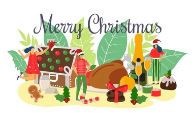 Holiday food for people, merry christmas celebration concept vector illustration. Cartoon winter seasonal card banner. Family together at home, flat happy greeting background design.