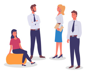 Business meeting, communicating colleagues, woman at soft chair, standing businesspeople, businesswoman discuss new project or startup with businessman, teamwork, executive office workers conversation