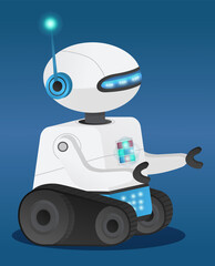 Futuristic model robot or android with artificial intelligence. Dark blue gradient background. Tracked white metal robot. Futuristic cyber smart electronic machine. Technologically developed android