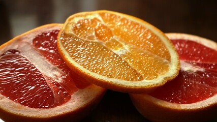 a slice of orange lying on two halves of a cut grapefruit close-up with a visible texture of the fruit pulp and bright citrus flowers symbolizing vitamin and allergic effects