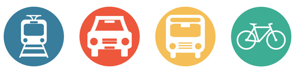 Bunter Banner mit 4 Buttons: Zug / Strassenbahn, Auto, Bus oder Fahrrad - obrazy, fototapety, plakaty