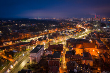 Fototapeta na wymiar Aerial view of the Gdansk city at dusk, Poland