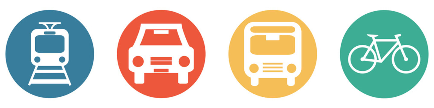 Bunter Banner mit 4 Buttons: Zug / Strassenbahn, Auto, Bus oder Fahrrad