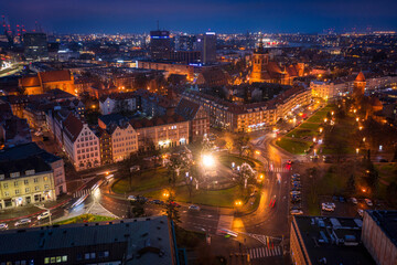 Fototapeta premium Aerial view of the Gdansk city at dusk, Poland