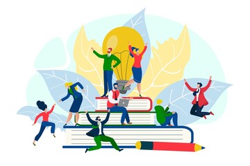 Creative person at business team happy with cartoon idea light bulb vector illustration. Businessman woman character in success teamwork concept. Flat innovation group solution for good work.