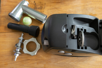 disassembled automatic meat grinder. The preparation of the filling for dumplings.