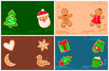 Holly jolly gingerbread man, Santa Claus cookie vector. Presents with bow shape, bird and stars, moon and heart, pine and mistletoe mitten and mug