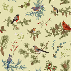 Vintage vector seamless pattern. Winter birds and branches. Botanical illustrations. Green color.. © OlgaKorneeva