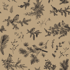 Vintage vector seamless pattern. Winter birds and branches. Botanical illustrations. Black graphics on craft paper