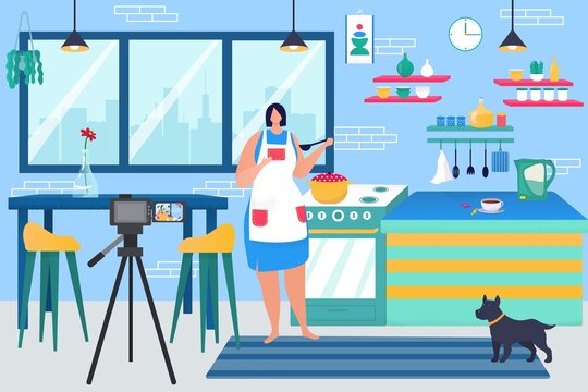 Video blog at kitchen, woman blogger cook cartoon food, vector illustration. Cooking vlog, online culinary recipe tutorial. Female person character record video with equipment, lifestyle channel.