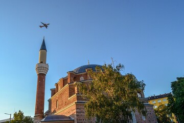 13.08.2018. Sofia. Bulgaria. Banya Bashi Mosque with blue sky and flight background. Photo is taken...