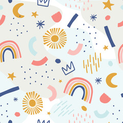 Seamless kids pattern with hand drawn elements. Creative Scandinavian kids texture for fabric, wrapping, textile, wallpaper, apparel. Vector seamless pattern illustration. 