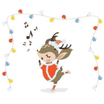 Vector New Year's illustration. A cute deer dressed as Santa Claus is dancing on skates. Fawn sings songs.