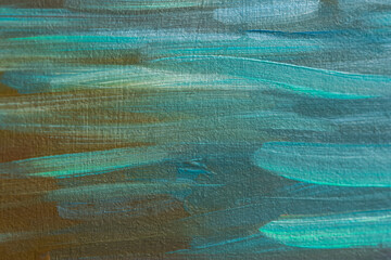 Abstract multi-colored background with oil paint . Hand-made textured background for signage and banners. A mix of turquoise, green, blue, and sand colors on the canvas. Summer artistic background.