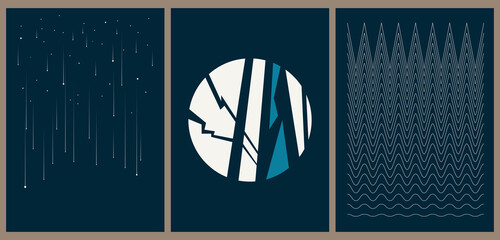 A set of three aesthetic vintage backgrounds with a grungy texture. Minimalistic posters for social media, web design. Sketchy illustrations with thin lines, gradients, geometric shapes.