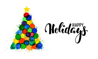 Bright colorful watercolor stains hand drawn Christmas tree. Happy holidays lettering. design holiday greeting cards and invitations of the Merry Christmas and Happy New Year, seasonal winter holidays