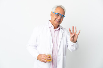 Middle age Brazilian scientific man scientific isolated on white background happy and counting four with fingers