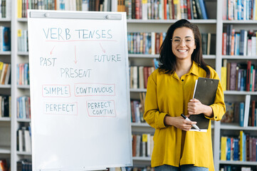 Portrait of a cheerful smiling young successful female teacher or business woman, dressed in a yellow shirt and in eyeglasses, standing near flipchart and looking with a smile directly at the camera