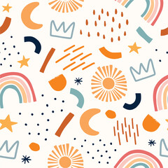 Seamless kids pattern with hand drawn elements. Creative Scandinavian kids texture for fabric, wrapping, textile, wallpaper, apparel. Vector seamless pattern illustration. 
