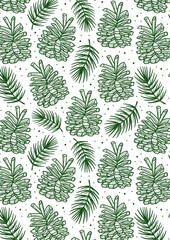 Cone with spruce branch, pine tree element seamless pattern, background, texture. Christmas greeting card design, template. Ready for print. Vector line art illustration.