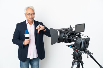 Reporter Middle age Brazilian man holding a microphone and reporting news isolated on white...