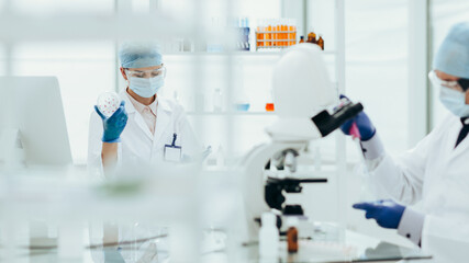 close up. female scientist showing a Petri dish with flu strains .