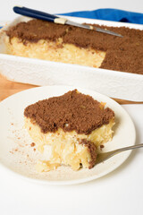 Hanukkah holiday, traditional sweet Kugel pie with noodles and custard, shortbread cocoa crumbs on top. on a light background in a baking dish. pie slices on a plate