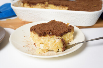 Hanukkah holiday, traditional sweet Kugel pie with noodles and custard, shortbread cocoa crumbs on top. on a light background in a baking dish. pie slices on a plate